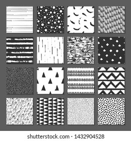 Set of 16 seamless texture. Drops, points, lines, stripes, circles, squares, rectangles. Abstract forms drawn a wide pen and ink. Backgrounds in black and white. Hand drawn. Vector illustration.