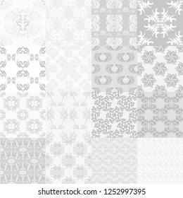 Set with 16 seamless textures with decorative ornaments. Textures in gray tones. Vector illustration.