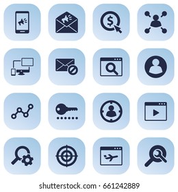 Set Of 16 Search Icons Set.Collection Of Warning, Statistics, Engine And Other Elements.