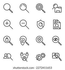 set of 16 search or magnifying glass icons vector. look, search, zoom, research and magnifying glass and focus