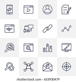 Set Of 16 Search Outline Icons Set.Collection Of Copyright, Url, Guest And Other Elements.