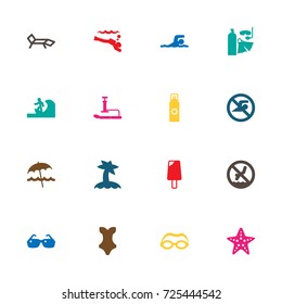 Set Of 16 Seaside Icons Set.Collection Of Starfish, Umbrella, Swimwear And Other Elements.