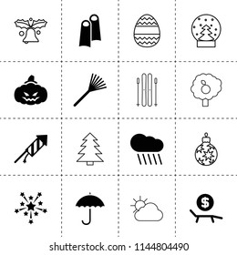 Set of 16 season filled and outline icons such as rain, rake, fireworks, pumpkin, lounger rent, umbrella, flippers, spruce, fruit tree, christmas tree toy, easter egg
