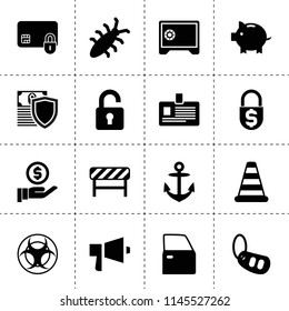 Set of 16 security filled icons such as piggy bank, car door, car alarm key, money insurance, bug, cone barrier, road barrier, badge, safe, money security