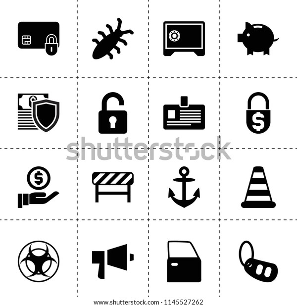 Set of 16 security filled icons such as\
piggy bank, car door, car alarm key, money insurance, bug, cone\
barrier, road barrier, badge, safe, money\
security