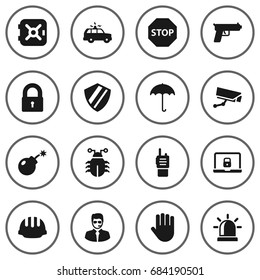 Set Of 16 Security Icons Set.Collection Of Insurance, Camera, Dynamite And Other Elements.
