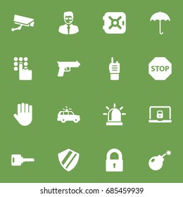 Set Of 16 Security Icons Set.Collection Of Security Man , Patrol , Hand Elements.