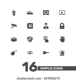 Set Of 16 Security Icons Set.Collection Of Hand , Alarm , Notebook Elements.
