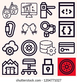 Set of 16 security outline icons such as shield, handcuffs, access, war shelter, seat, coding, bracelet, padlock, key card, cloud computing, data storage, carabiner, home