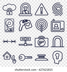  set of 16 security outline icons such as briefcase with weapon, airport officer, siren, heart key, key, smart home, intercom, finger print, keyhole in head