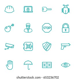 Set Of 16 Security Outline Icons Set.Collection Of Parasol, Vision , Hand Elements.