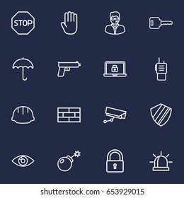 Set Of 16 Security Outline Icons Set.Collection Of Dynamite, Alarm, Weapon And Other Elements.