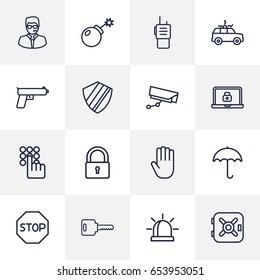 Set Of 16 Security Outline Icons Set.Collection Of Safe, Weapon, Lock And Other Elements.