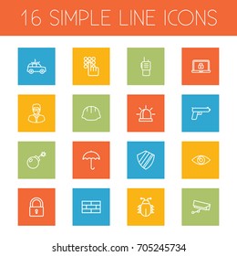 Set Of 16 Security Outline Icons Set.Collection Of Firewall, Walkie-Talkie, Lock And Other Elements.