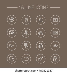 Set Of 16 Security Outline Icons Set.Collection Of Siren, Protection, Open And Other Elements.