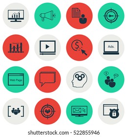 Set Of 16 SEO Icons. Can Be Used For Web, Mobile, UI And Infographic Design. Includes Elements Such As Target, Online, Comprehensive And More.