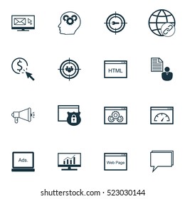 Set Of 16 SEO Icons. Can Be Used For Web, Mobile, UI And Infographic Design. Includes Elements Such As Web, Conference, Email And More.