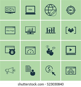 Set Of 16 SEO Icons. Can Be Used For Web, Mobile, UI And Infographic Design. Includes Elements Such As Target, Pay, Research And More.
