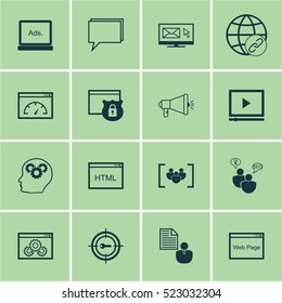 Set Of 16 SEO Icons. Can Be Used For Web, Mobile, UI And Infographic Design. Includes Elements Such As Online, Brain, Conference And More.