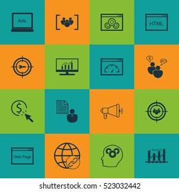Set Of 16 SEO Icons. Can Be Used For Web, Mobile, UI And Infographic Design. Includes Elements Such As Marketing, Matching, Bulding And More.
