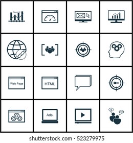 Set Of 16 SEO Icons. Can Be Used For Web, Mobile, UI And Infographic Design. Includes Elements Such As Comprehensive, Dynamics, Link And More.