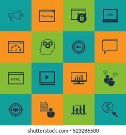 Set Of 16 SEO Icons. Can Be Used For Web, Mobile, UI And Infographic Design. Includes Elements Such As Online, SEO, Marketing And More.