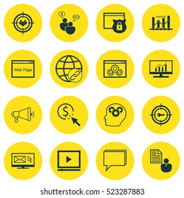 Set Of 16 SEO Icons. Can Be Used For Web, Mobile, UI And Infographic Design. Includes Elements Such As Conference, Keyword, Community And More.