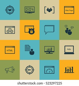 Set Of 16 SEO Icons. Can Be Used For Web, Mobile, UI And Infographic Design. Includes Elements Such As Analytics, Community, Focus And More.