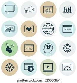 Set Of 16 SEO Icons. Can Be Used For Web, Mobile, UI And Infographic Design. Includes Elements Such As Viral, Online, Web And More.