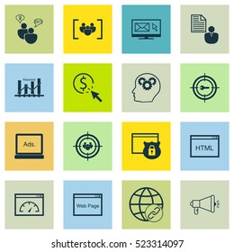Set Of 16 SEO Icons. Can Be Used For Web, Mobile, UI And Infographic Design. Includes Elements Such As Speed, Businessman, Target And More.