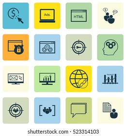 Set Of 16 SEO Icons. Can Be Used For Web, Mobile, UI And Infographic Design. Includes Elements Such As Email, Digital, Optimization And More.