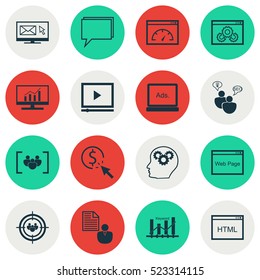 Set Of 16 SEO Icons. Can Be Used For Web, Mobile, UI And Infographic Design. Includes Elements Such As Conference, HTML, Advertising And More.