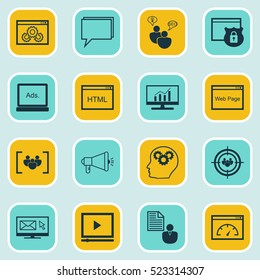Set Of 16 SEO Icons. Can Be Used For Web, Mobile, UI And Infographic Design. Includes Elements Such As Client, Newsletter, Research And More.