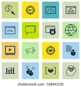 Set Of 16 SEO Icons. Can Be Used For Web, Mobile, UI And Infographic Design. Includes Elements Such As Media Campaign, Loading Speed, Intellectual Process And More.