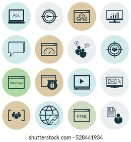 Set Of 16 SEO Icons. Can Be Used For Web, Mobile, UI And Infographic Design. Includes Elements Such As Loading Speed, Questionnaire, Conference And More.