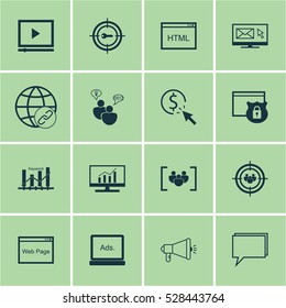 Set Of 16 SEO Icons. Can Be Used For Web, Mobile, UI And Infographic Design. Includes Elements Such As Keyword Marketing, Search Optimization, Coding And More.