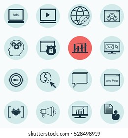 Set Of 16 SEO Icons. Can Be Used For Web, Mobile, UI And Infographic Design. Includes Elements Such As Keyword Optimisation, Media Campaign, Keyword Marketing And More.