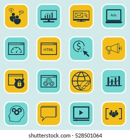 Set Of 16 SEO Icons. Can Be Used For Web, Mobile, UI And Infographic Design. Includes Elements Such As Security, Digital Media, Web Page Performance And More.