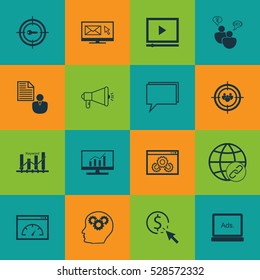 Set Of 16 SEO Icons. Can Be Used For Web, Mobile, UI And Infographic Design. Includes Elements Such As Search Optimization, Intellectual Process, Video Player And More.