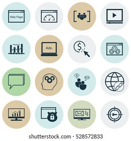 Set Of 16 SEO Icons. Can Be Used For Web, Mobile, UI And Infographic Design. Includes Elements Such As Digital Media, Security, Questionnaire And More.