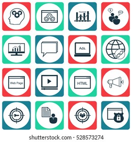 Set Of 16 SEO Icons. Can Be Used For Web, Mobile, UI And Infographic Design. Includes Elements Such As Security, Coding, Search Optimization And More.
