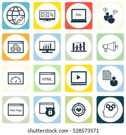 Set Of 16 SEO Icons. Can Be Used For Web, Mobile, UI And Infographic Design. Includes Elements Such As Connectivity, Newsletter, Intellectual Process And More.