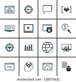 Set Of 16 SEO Icons. Can Be Used For Web, Mobile, UI And Infographic Design. Includes Elements Such As Coding, Focus Group, Loading Speed And More.