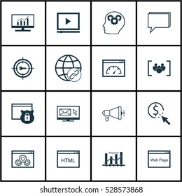Set Of 16 SEO Icons. Can Be Used For Web, Mobile, UI And Infographic Design. Includes Elements Such As Loading Speed, Coding, Website And More.