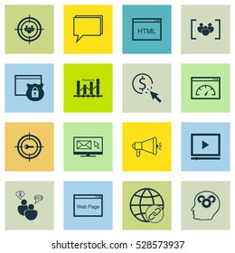 Set Of 16 SEO Icons. Can Be Used For Web, Mobile, UI And Infographic Design. Includes Elements Such As Questionnaire, Media Campaign, Search Optimization And More.