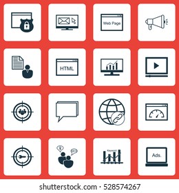 Set Of 16 SEO Icons. Can Be Used For Web, Mobile, UI And Infographic Design. Includes Elements Such As Coding, Website, Keyword Marketing And More.