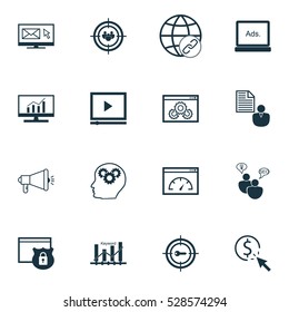 Set Of 16 SEO Icons. Can Be Used For Web, Mobile, UI And Infographic Design. Includes Elements Such As Search Optimization, Digital Media, Focus Group And More.