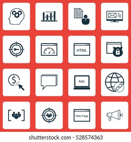 Set Of 16 SEO Icons. Can Be Used For Web, Mobile, UI And Infographic Design. Includes Elements Such As Newsletter, Media Campaign, PPC And More.