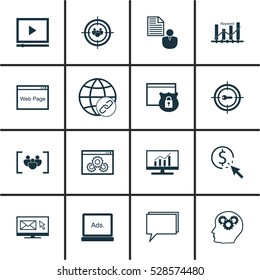 Set Of 16 SEO Icons. Can Be Used For Web, Mobile, UI And Infographic Design. Includes Elements Such As Report, Market Research, Connectivity And More.