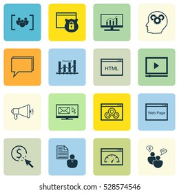 Set Of 16 SEO Icons. Can Be Used For Web, Mobile, UI And Infographic Design. Includes Elements Such As Intellectual Process, Loading Speed, Questionnaire And More.